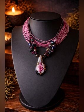 🌸 Artisan Handblown Glass Flower & Multi-Strand Purple Seed Bead Necklaces Set